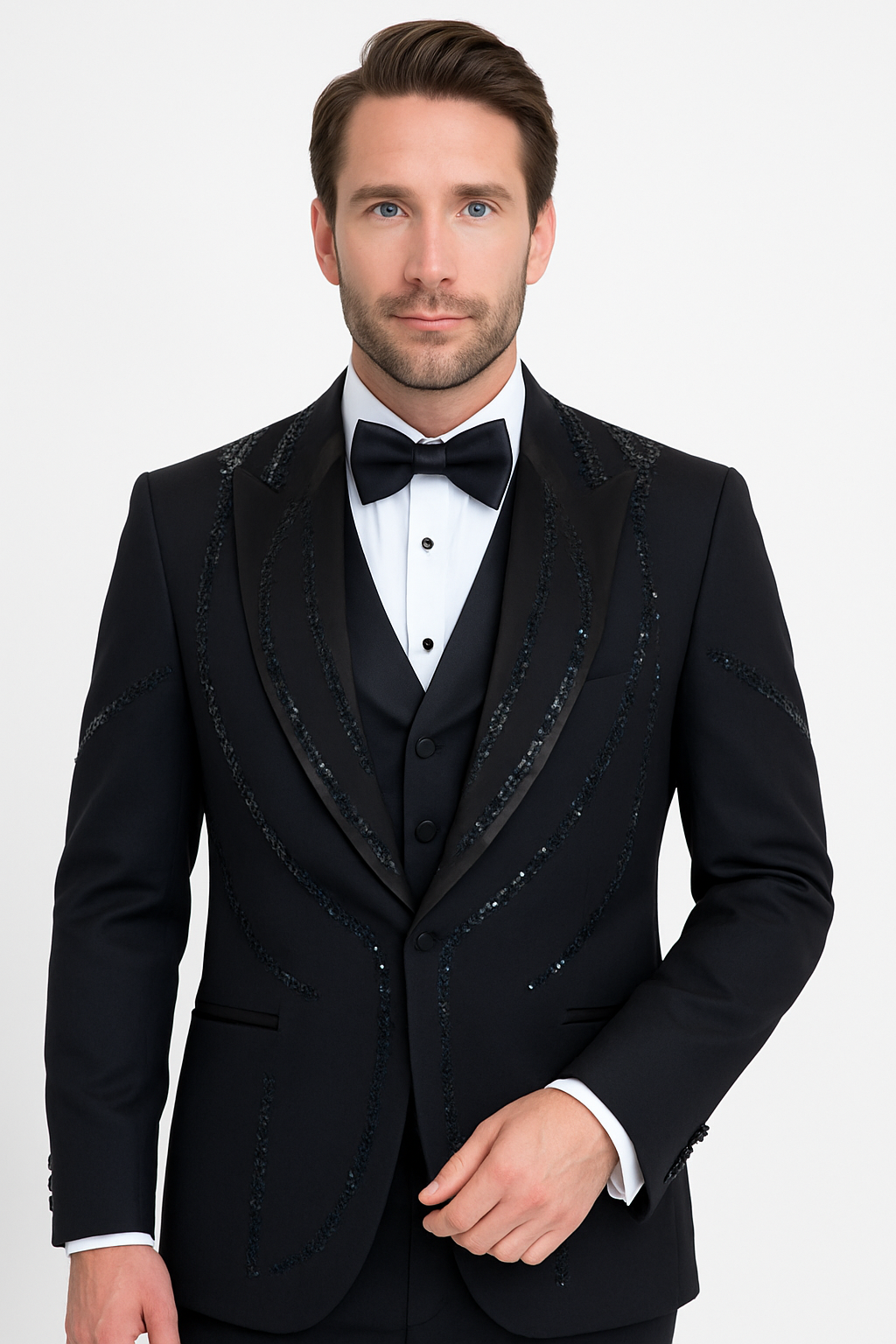 Black Italian Wool 3-Piece Modern Fit Tuxedo | MensUSA Modern Slim Cut Suit