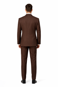 Men's Classic Fit Double Breasted Pinstripe 6 Button Peak Lapel Brown Suit