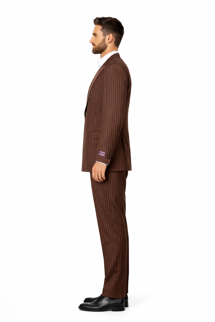 Men's Classic Fit Double Breasted Pinstripe 6 Button Peak Lapel Brown Suit - Image 6