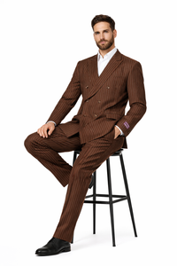 Men's Classic Fit Double Breasted Pinstripe 6 Button Peak Lapel Brown Suit