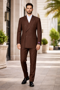 Men's Classic Fit Double Breasted Pinstripe 6 Button Peak Lapel Brown Suit