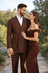 Men's Classic Fit Double Breasted Pinstripe 6 Button Peak Lapel Brown Suit