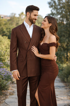 Men's Classic Fit Double Breasted Pinstripe 6 Button Peak Lapel Brown Suit - Image 4