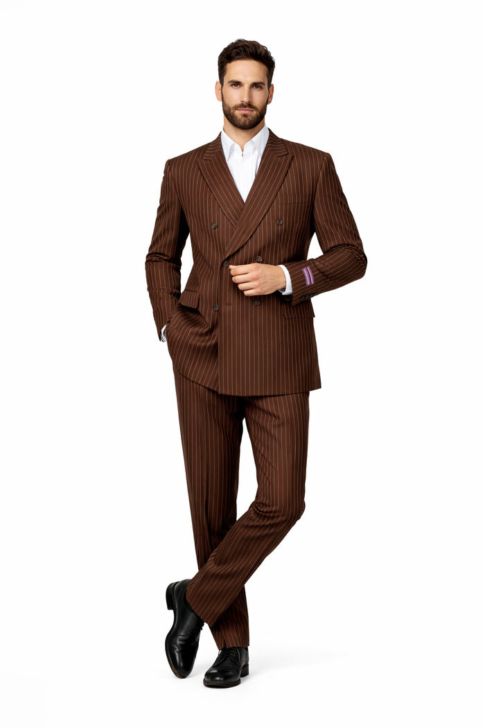 Men's Classic Fit Double Breasted Pinstripe 6 Button Peak Lapel Brown Suit - Image 7