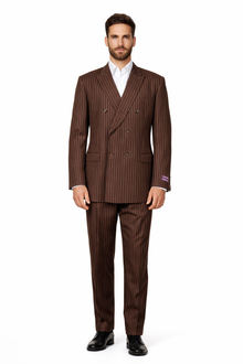 Men's Classic Fit Double Breasted Pinstripe 6 Button Peak Lapel Brown Suit