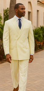 Mens Classic Poplin Double Breasted Suit in Ivory