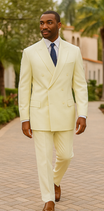 Mens Classic Poplin Double Breasted Suit in Ivory