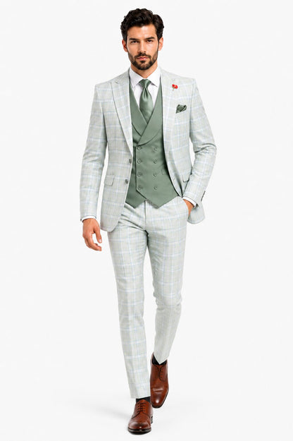Statement Mens Modern Fit 3 Piece 100% Super 200s Wool Classic Windowpane Suit – Double Breasted Vest