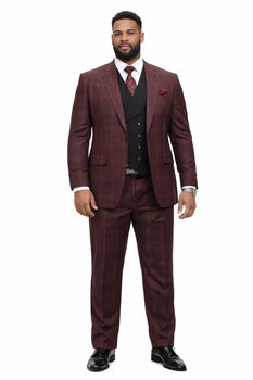 Men’s Burgundy Checkered 3-Piece Suit – Windowpane Classic Fit Plaid Blazer with Vest and Pants