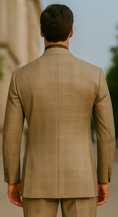 Mens Classic Wool Feel Double Breasted Glen Plaid Suit in Tan