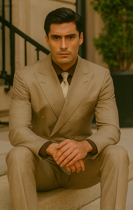 Mens Classic Wool Feel Double Breasted Glen Plaid Suit in Tan