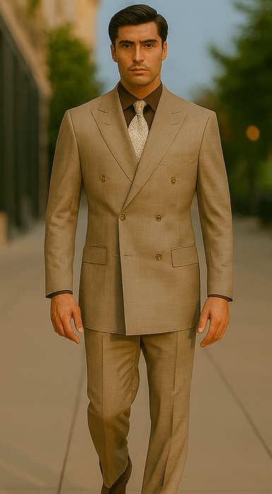 Mens Classic Wool Feel Double Breasted Glen Plaid Suit in Tan