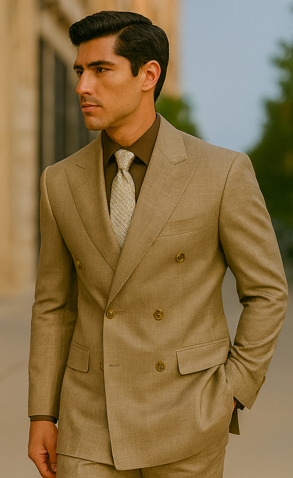 Mens Classic Wool Feel Double Breasted Glen Plaid Suit in Tan - Image 8