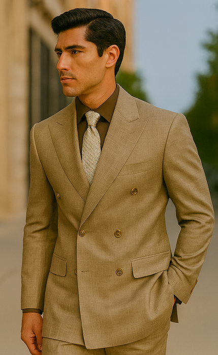 Mens Classic Wool Feel Double Breasted Glen Plaid Suit in Tan