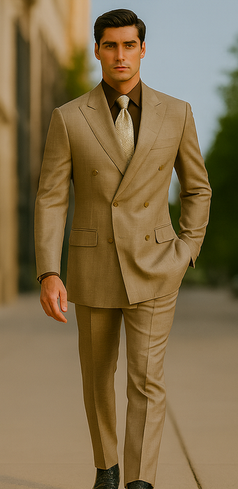 Mens Classic Wool Feel Double Breasted Glen Plaid Suit in Tan