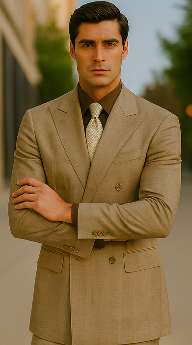 Mens Classic Wool Feel Double Breasted Glen Plaid Suit in Tan