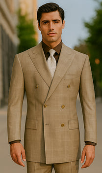 Mens Classic Wool Feel Double Breasted Glen Plaid Suit in Tan - Image 2
