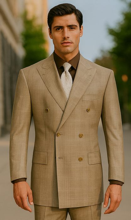 Mens Classic Wool Feel Double Breasted Glen Plaid Suit in Tan
