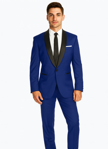 Men's Cobalt Blue ~ Indigo ~ Bright Blue ~ Teal  ( Light Dark Navy ) With Black Lapel Shawl lapel 1 Single Button Tuxedo Suit