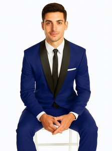 Men's Cobalt Blue ~ Indigo ~ Bright Blue ~ Teal  ( Light Dark Navy ) With Black Lapel Shawl lapel 1 Single Button Tuxedo Suit