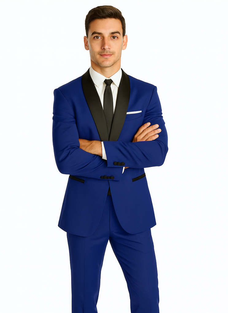 Men's Cobalt Blue ~ Indigo ~ Bright Blue ~ Teal  ( Light Dark Navy ) With Black Lapel Shawl lapel 1 Single Button Tuxedo Suit - Image 4