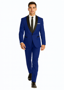 Men's Cobalt Blue ~ Indigo ~ Bright Blue ~ Teal  ( Light Dark Navy ) With Black Lapel Shawl lapel 1 Single Button Tuxedo Suit