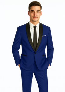 Men's Cobalt Blue ~ Indigo ~ Bright Blue ~ Teal  ( Light Dark Navy ) With Black Lapel Shawl lapel 1 Single Button Tuxedo Suit
