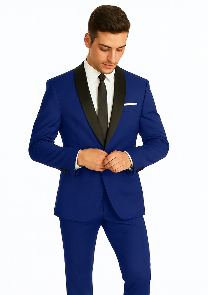 Men's Cobalt Blue ~ Indigo ~ Bright Blue ~ Teal  ( Light Dark Navy ) With Black Lapel Shawl lapel 1 Single Button Tuxedo Suit - Image 6
