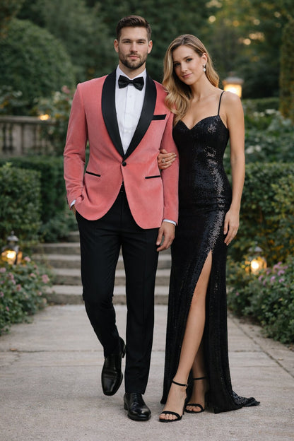 Men’s Coral Pink Tuxedo Jacket with Black Satin Shawl Lapel Velvet Fabric – Modern Slim Fit Formal Blazer