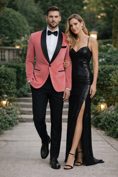 Men’s Coral Pink Tuxedo Jacket with Black Satin Shawl Lapel Velvet Fabric – Modern Slim Fit Formal Blazer