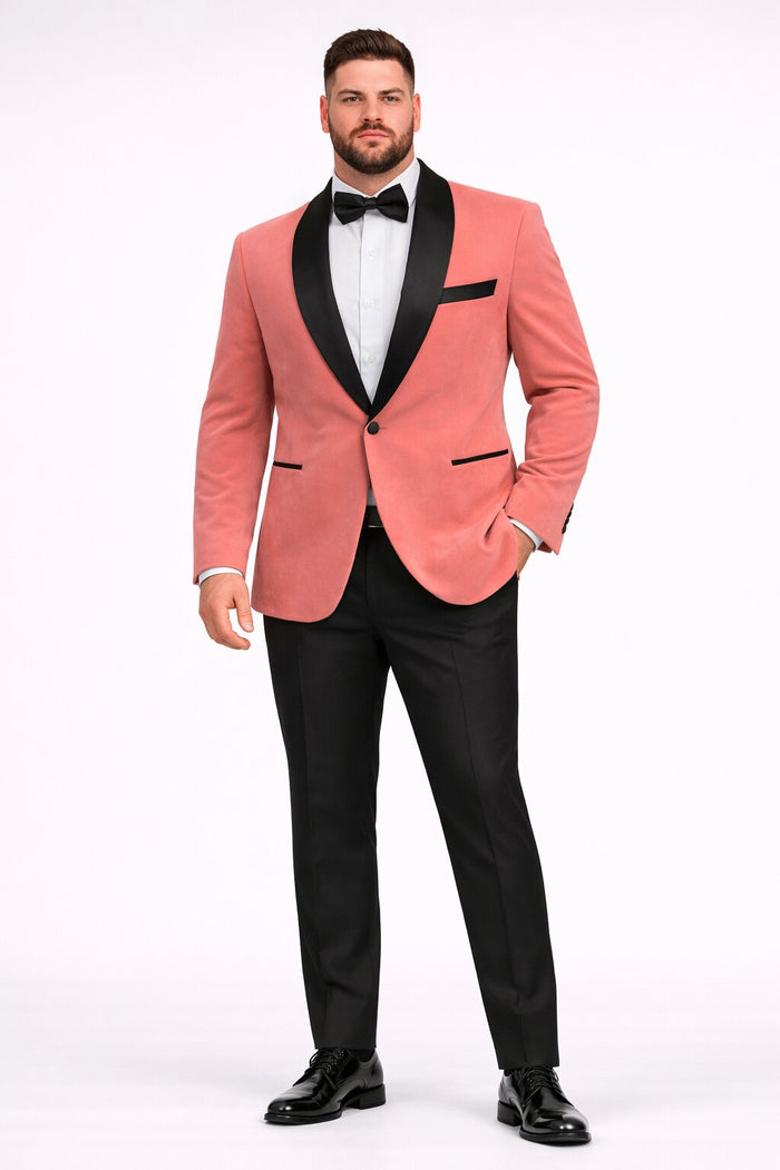 Men’s Coral Pink Tuxedo Jacket with Black Satin Shawl Lapel Velvet Fabric – Modern Slim Fit Formal Blazer