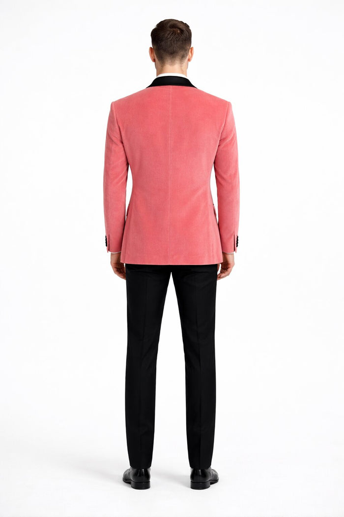 Men’s Coral Pink Tuxedo Jacket with Black Satin Shawl Lapel Velvet Fabric – Modern Slim Fit Formal Blazer