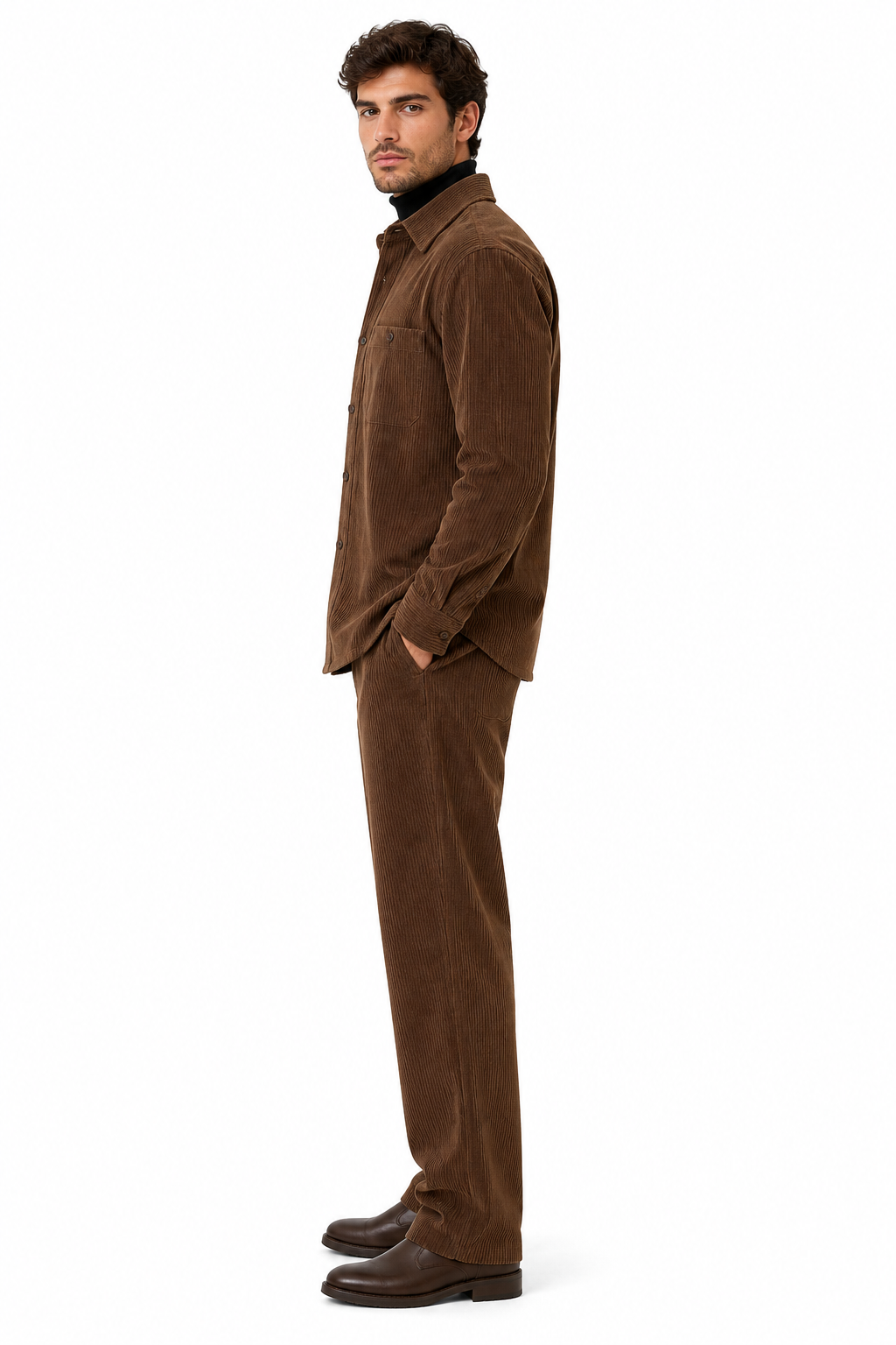 Men's Corduroy Shirt and Pants Walking Suit in Winter Cotton Fabric Casual in Color Brown leisure Style