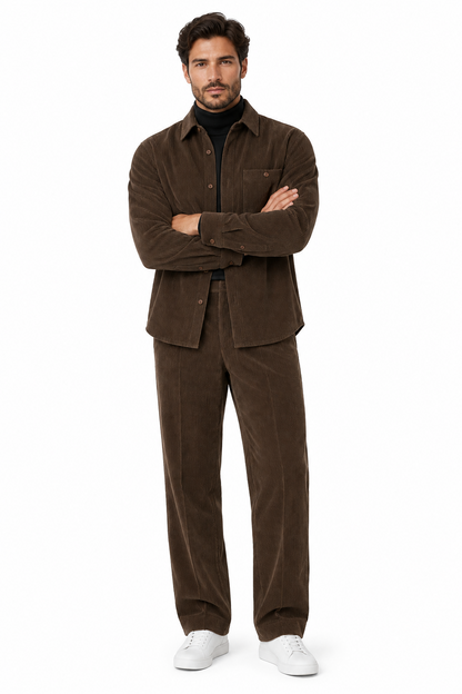 Mens Corduroy Shirt and Pants Walking Suit in Winter Cotton Fabric Casual in Color Mocca Choclate brownleisure Style