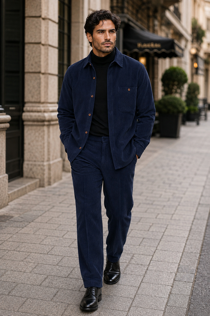 Mens Corduroy Shirt and Pants Walking Suit in Winter Cotton Fabric Casual in Color Navy leisure Style