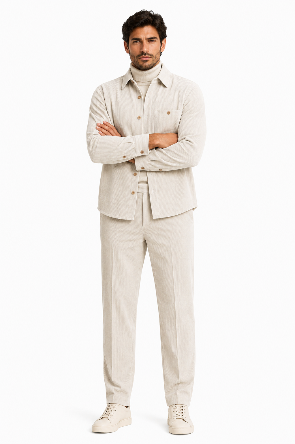 Mens Corduroy Shirt and Pants Walking Suit in Winter Cotton Fabric Casual in Color Off White Ivory Cream leisure Style Off White / XXXL or 3XL