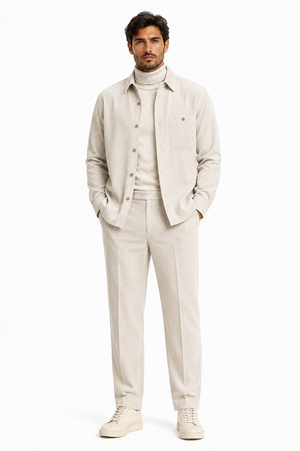 Mens Corduroy Shirt and Pants Walking Suit in Winter Cotton Fabric Casual in Color Off White Ivory Cream leisure Style