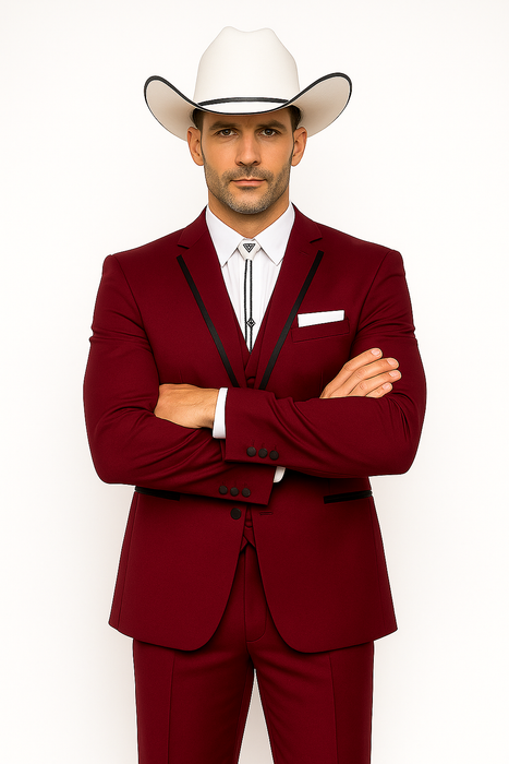 SKU#JA60892 Country Tuxedos For Weddings Mens Traje Vaquero Suit - Burgundy Tuxedo