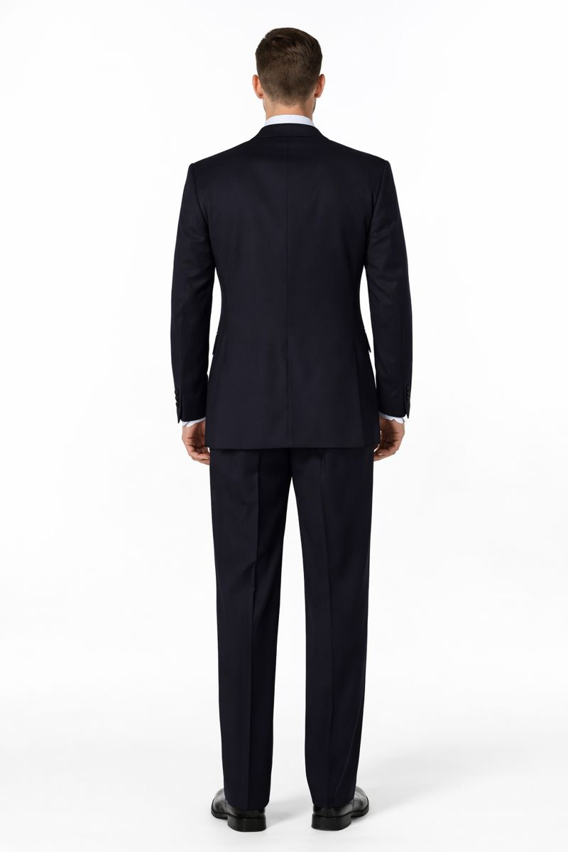 Men's Dark Navy 2 button Ticket Pocket Lapeled Vested 100% Wide Leg Pleated Pants - Dark Blue Suit Color - 100% Percent Wool Fabric Suit - Worsted Wool Business Suit - Image 2