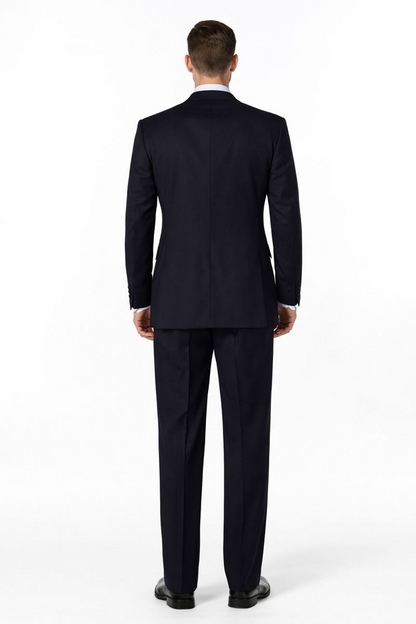 Men's Dark Navy 2 button Ticket Pocket Lapeled Vested 100% Wide Leg Pleated Pants - Dark Blue Suit Color - 100% Percent Wool Fabric Suit - Worsted Wool Business Suit - Image 2