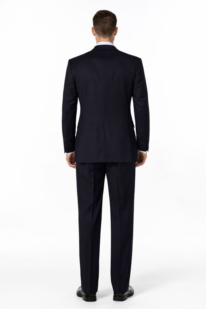Men's Dark Navy 2 button Ticket Pocket Lapeled Vested 100% Wide Leg Pleated Pants - Dark Blue Suit Color - 100% Percent Wool Fabric Suit - Worsted Wool Business Suit - Image 2