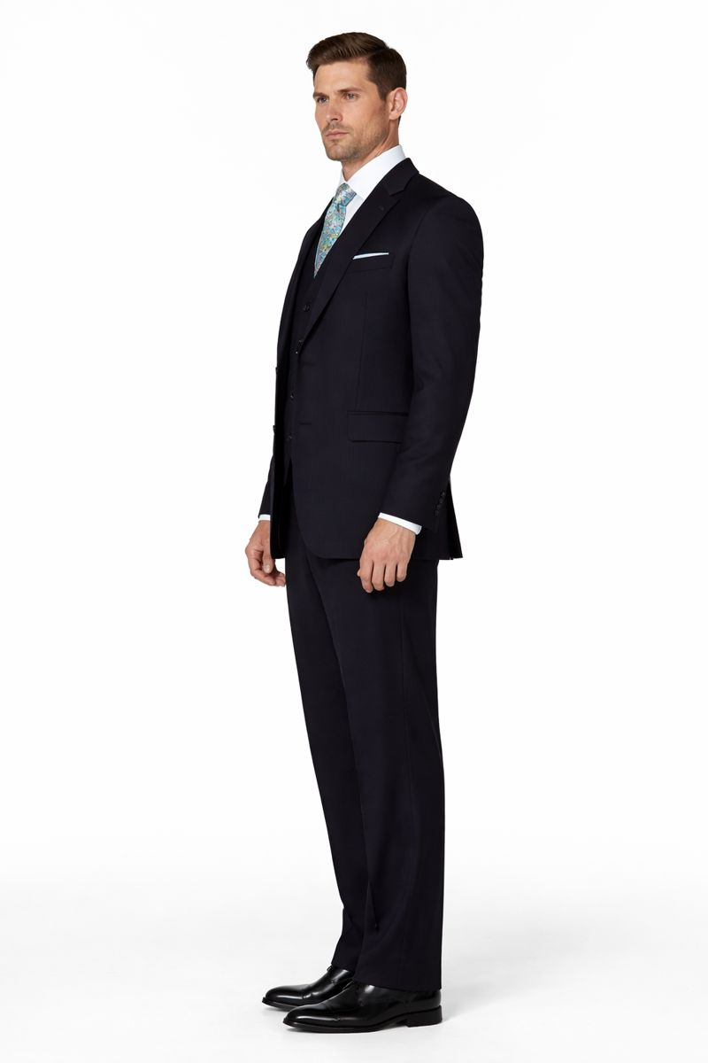 Men's Dark Navy 2 button Ticket Pocket Lapeled Vested 100% Wide Leg Pleated Pants - Dark Blue Suit Color - 100% Percent Wool Fabric Suit - Worsted Wool Business Suit - Image 3