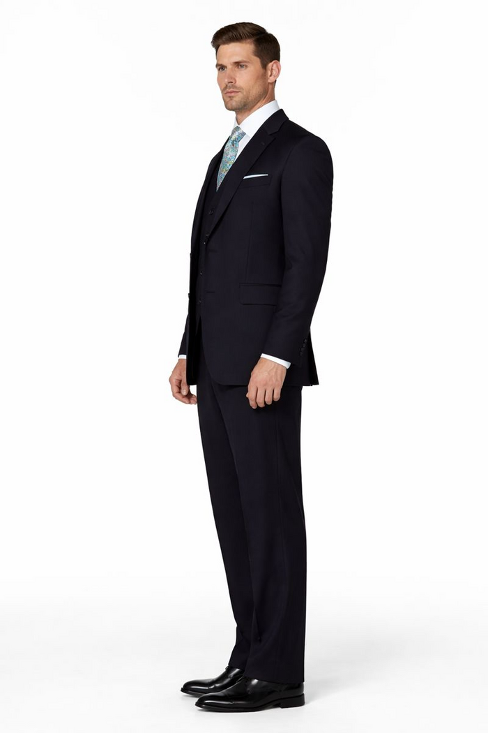 Men's Dark Navy 2 button Ticket Pocket Lapeled Vested 100% Wide Leg Pleated Pants - Dark Blue Suit Color - 100% Percent Wool Fabric Suit - Worsted Wool Business Suit - Image 3