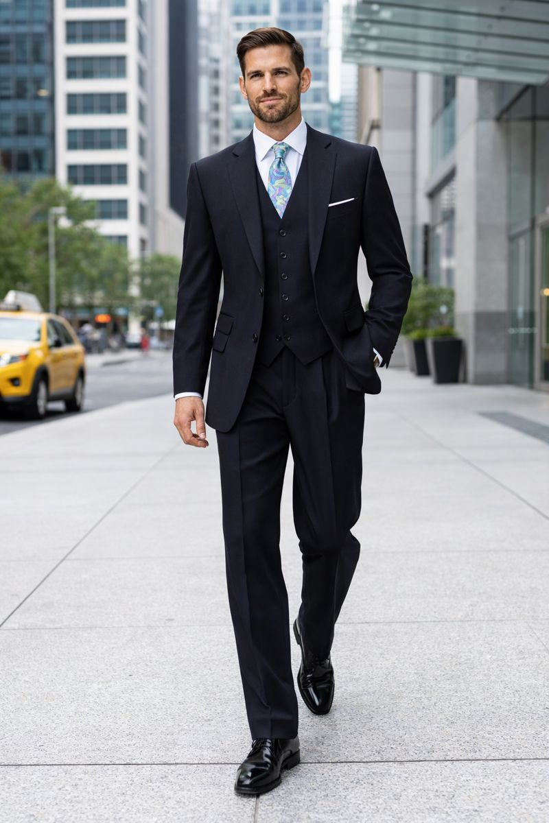 Men's Dark Navy 2 button Ticket Pocket Lapeled Vested 100% Wide Leg Pleated Pants - Dark Blue Suit Color - 100% Percent Wool Fabric Suit - Worsted Wool Business Suit - Image 5