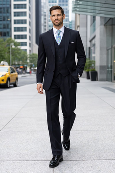 Men's Dark Navy 2 button Ticket Pocket Lapeled Vested 100% Wide Leg Pleated Pants - Dark Blue Suit Color - 100% Percent Wool Fabric Suit - Worsted Wool Business Suit - Image 5