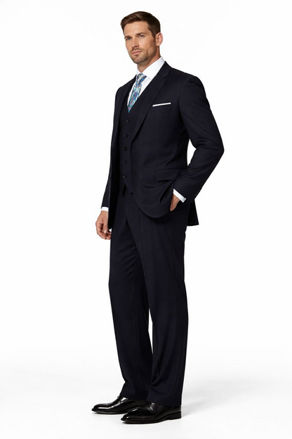 Men's Dark Navy 2 button Ticket Pocket Lapeled Vested 100% Wide Leg Pleated Pants - Dark Blue Suit Color - 100% Percent Wool Fabric Suit - Worsted Wool Business Suit - Image 7