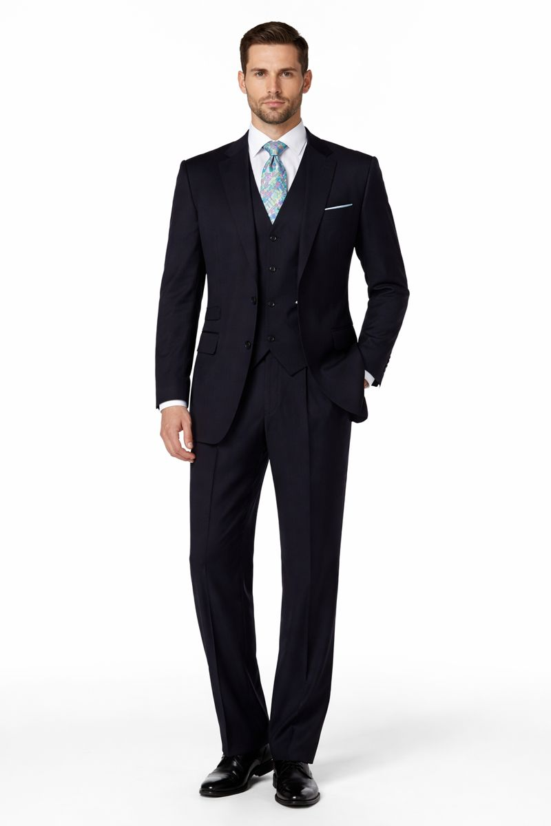 Men's Dark Navy 2 button Ticket Pocket Lapeled Vested 100% Wide Leg Pleated Pants - Dark Blue Suit Color - 100% Percent Wool Fabric Suit - Worsted Wool Business Suit
