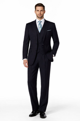 Men's Dark Navy 2 button Ticket Pocket Lapeled Vested 100% Wide Leg Pleated Pants - Dark Blue Suit Color - 100% Percent Wool Fabric Suit - Worsted Wool Business Suit