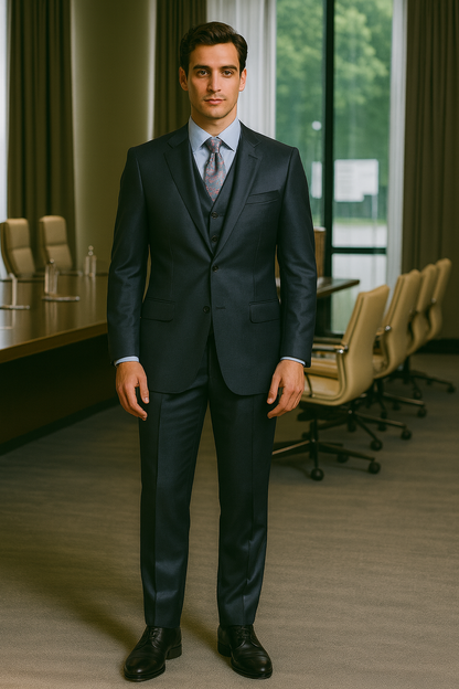 Vitali Brand Suits - Men's Dark Navy 3 Pieces Modern Sheen Sharkskin Design Suit