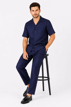 Men's Dark Navy 100% Linen Short Sleeve Plain Casual Casual Two Piece Mens Walking Outfit For Sale Pant Sets Suit With Pleated Pant - Mens Linen Suit